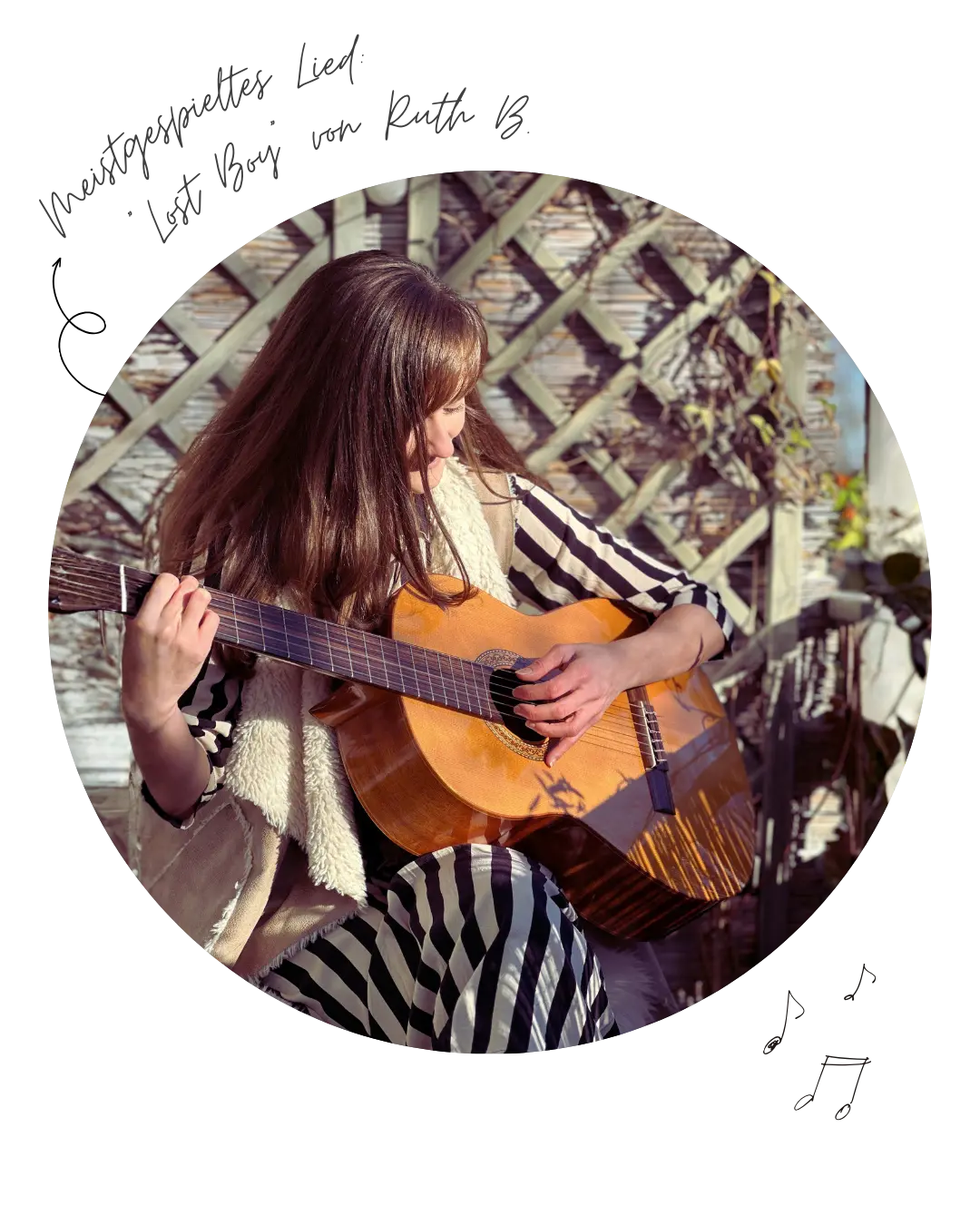 Foto von Judith, die Gitarre spielt. Darüber der Text in Handschrift: Meistgespieltes Lied "Lost Boy" von Ruth B.