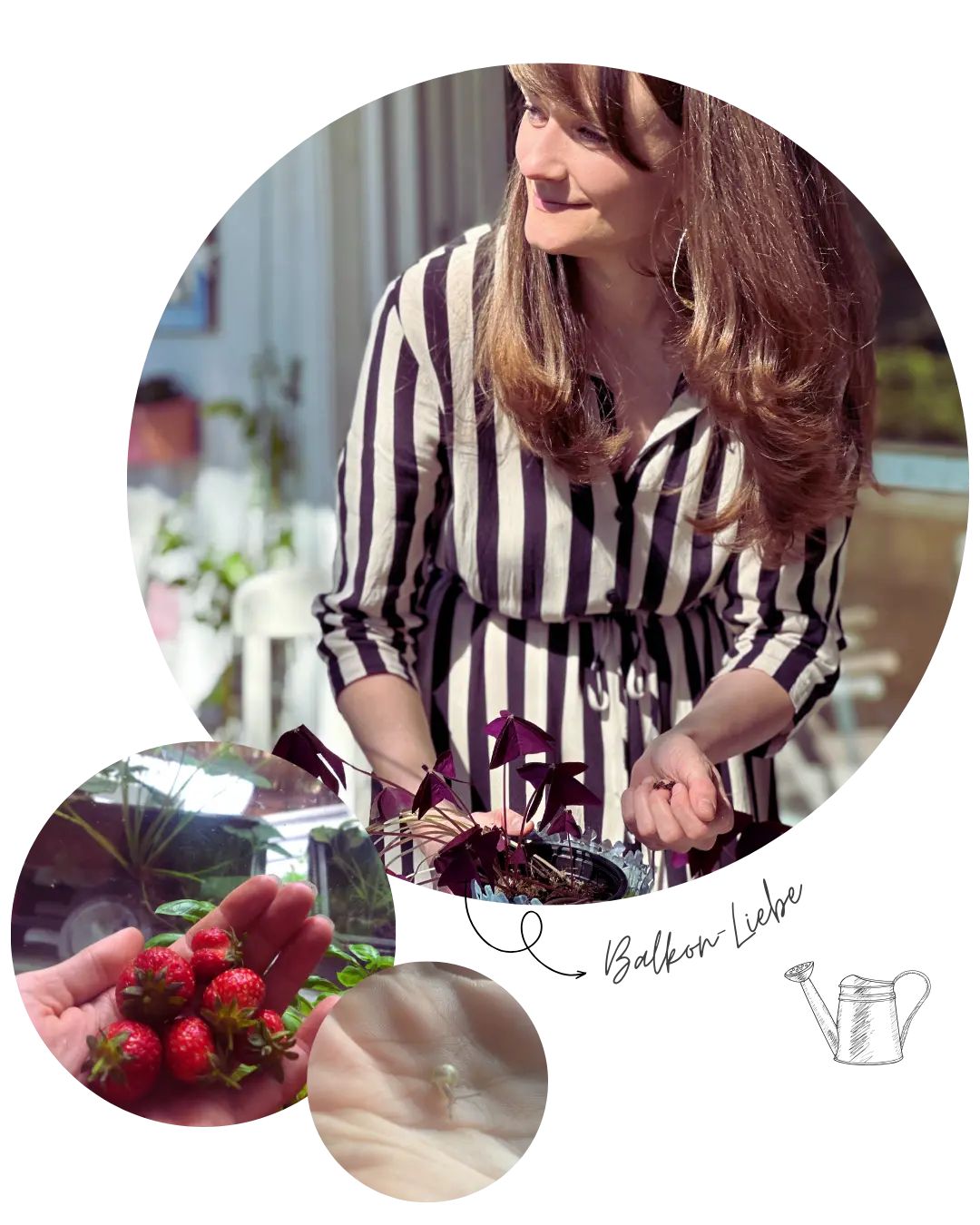 Judith in der Sonne auf dem Balkon. Sie topft Pflanzen ein und schaut dabei lächelnd in die Ferne. Ein zweites Foto zeigt ihre Hand, in der Erdbeeren liegen, ein drittes ihre Hand, in der eine kleine Schnecke sitzt. Daneben der Text in Handschrift: Balkon-Liebe