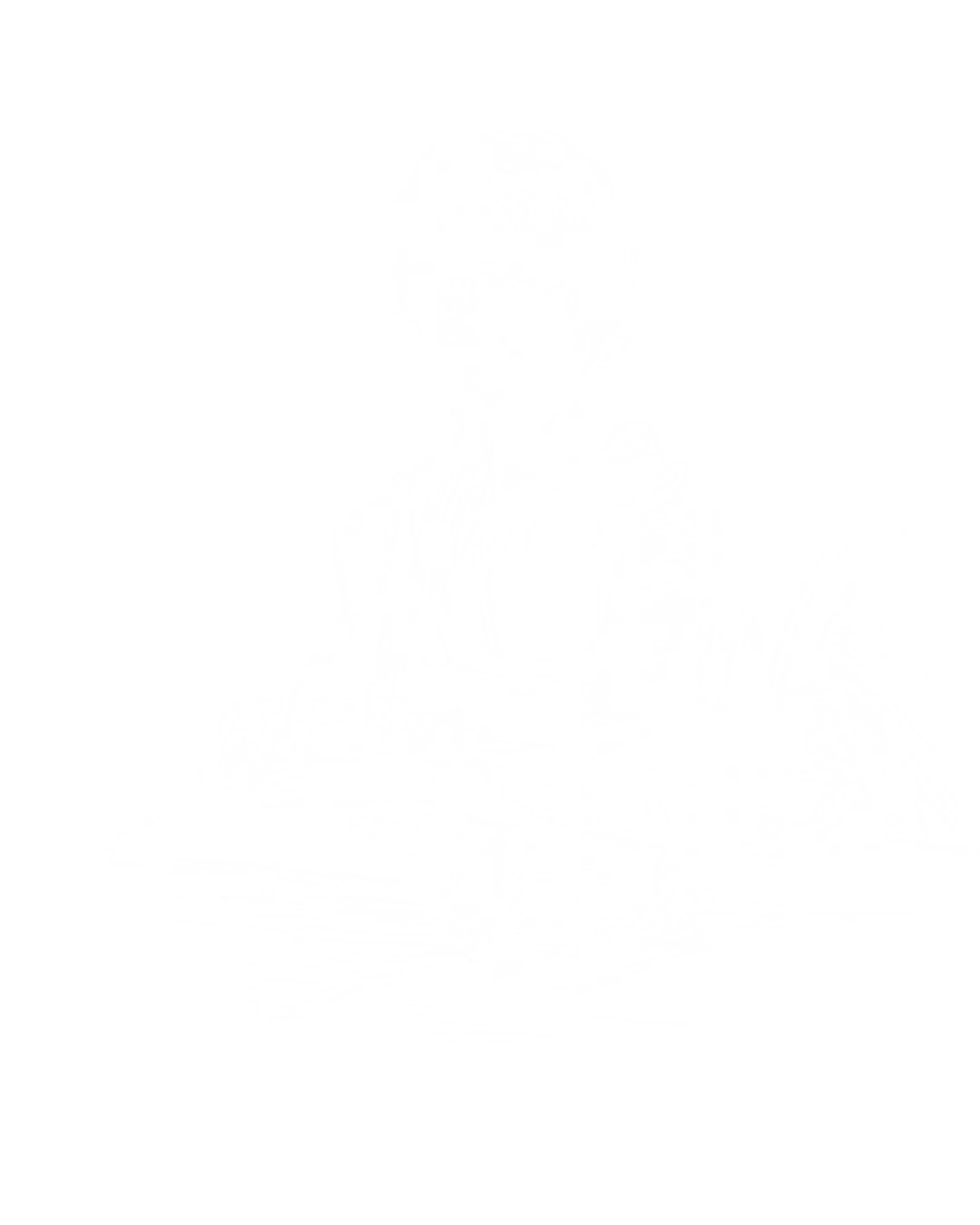 Grafische Zeichnung einer Frau, die vor einem Schreibgeft sitz, in ihrer Hand einen Stift, den sie sich nachdenklich an die Lippen hält.