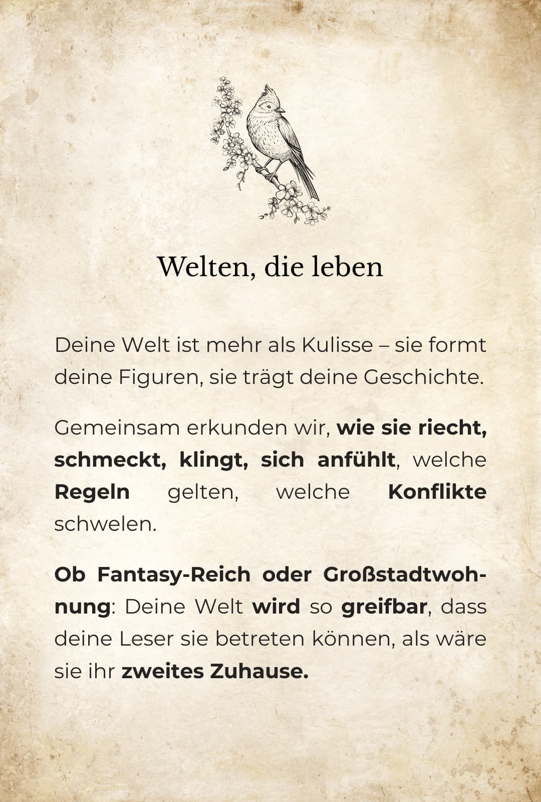 Grafische Darstellung: Oben die Zeichnung eines Vogels auf einem Ast, darunter der Text: Deine Welt ist mehr als Kulisse – sie formt deine Figuren, sie trägt deine Geschichte. Gemeinsam erkunden wir, wie sie riecht, schmeckt, klingt, sich anfühlt, welche Regeln gelten, welche Konflikte schwelen. Ob Fantasy-Reich oder Großstadtwoh-nung: Deine Welt wird so greifbar, dass deine Leser sie betreten können, als wäre sie ihr zweites Zuhause.